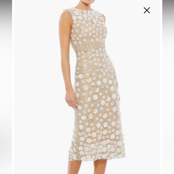 NWT - MAC DUGGAL Beaded Floral Appliqué Midi Sheath Dress in Ivory Nude - Picture 8 of 16
